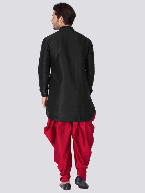 Vastramay Vastramay Men's Black Silk Blend Curved Kurta Dhoti Set